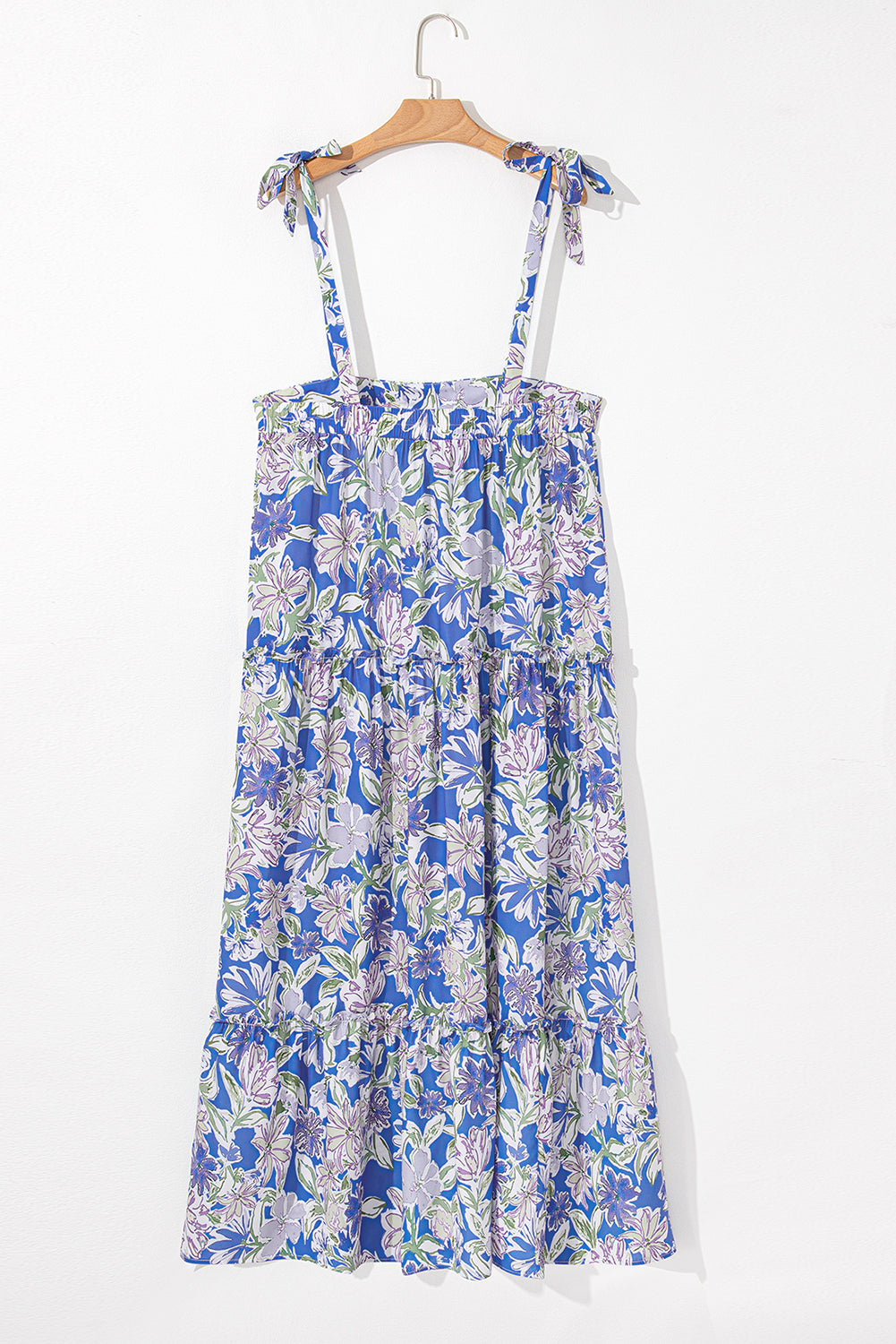 floral print self tie straps flowy ruffle long dress