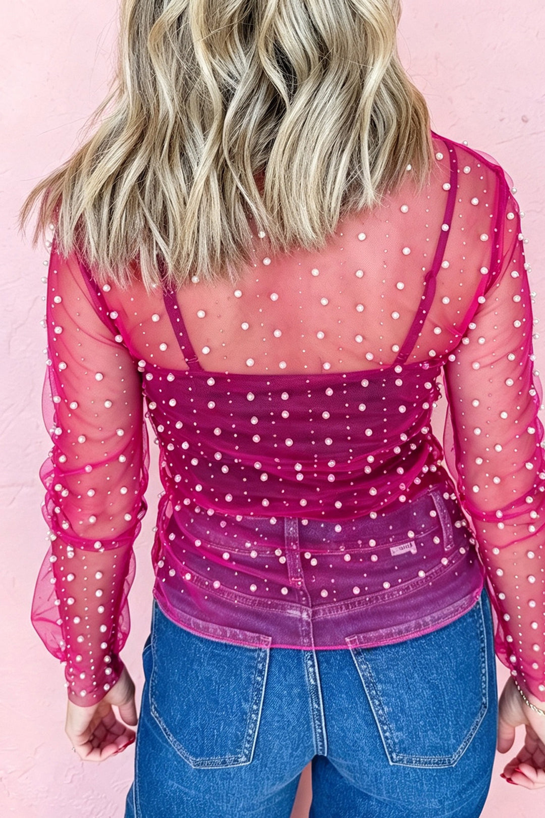Rose Red Pearl Beaded Mesh Long Sleeve Raw Hem Top
