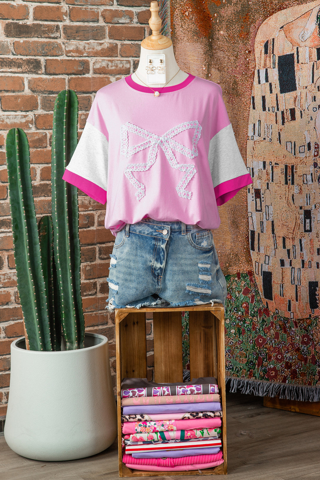 Gossamer Pink Embroidered Bow Detail Color Block Loose Tee