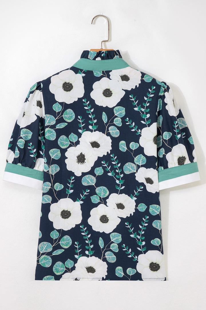 Blue Floral Print Striped Patchwork V Neck Short Sleeve Blouse
