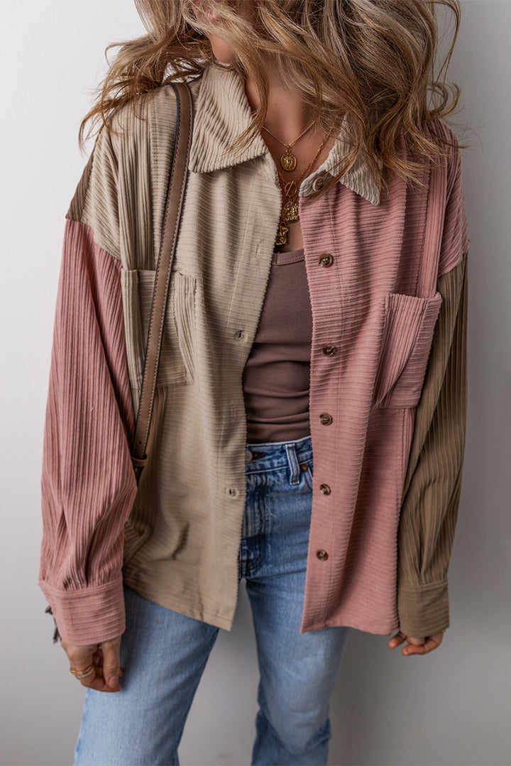 Color Block Chest Pockets Corduroy Shacket
