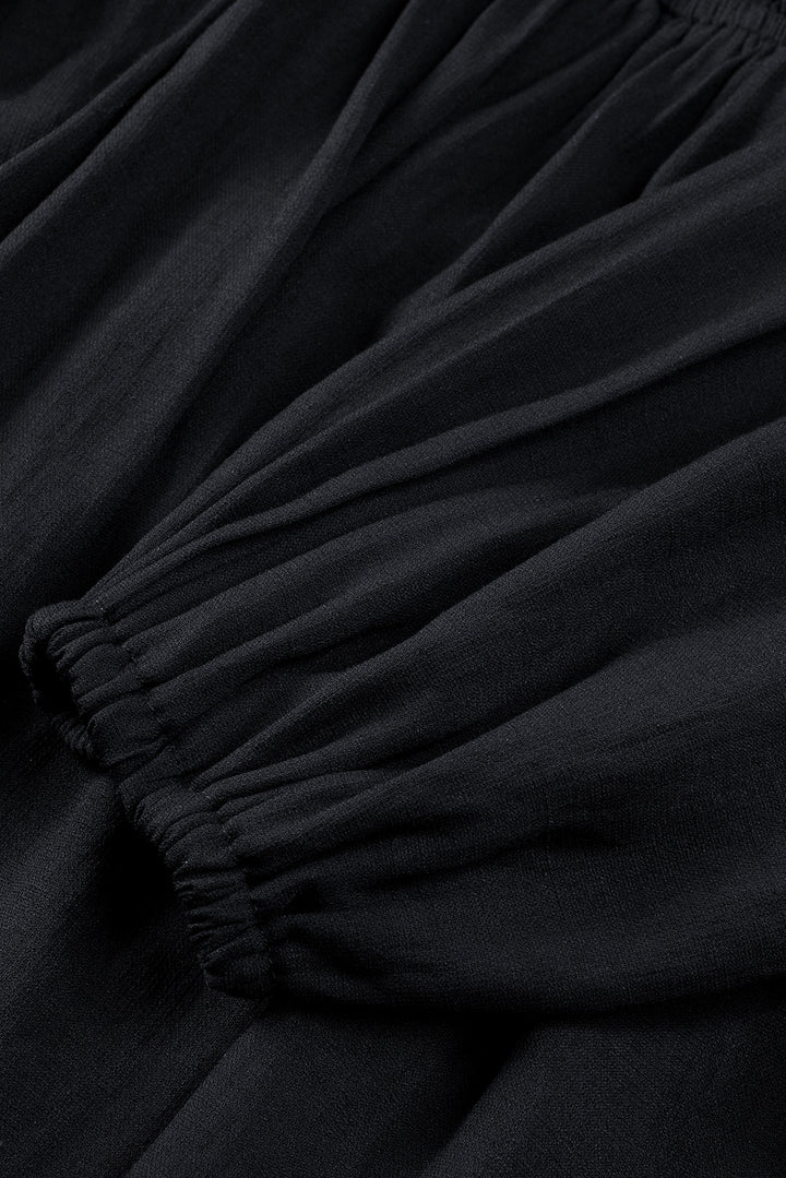 Black Solid Color Long Sleeve Shirred Drawstring Ruffle Mini Dress