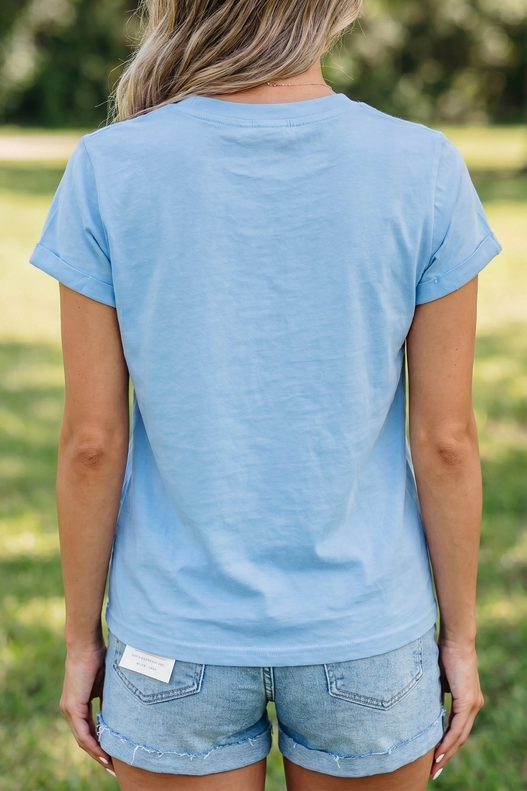 Mist Blue USA Flag Textured Patchwork Cap Sleeve Tee