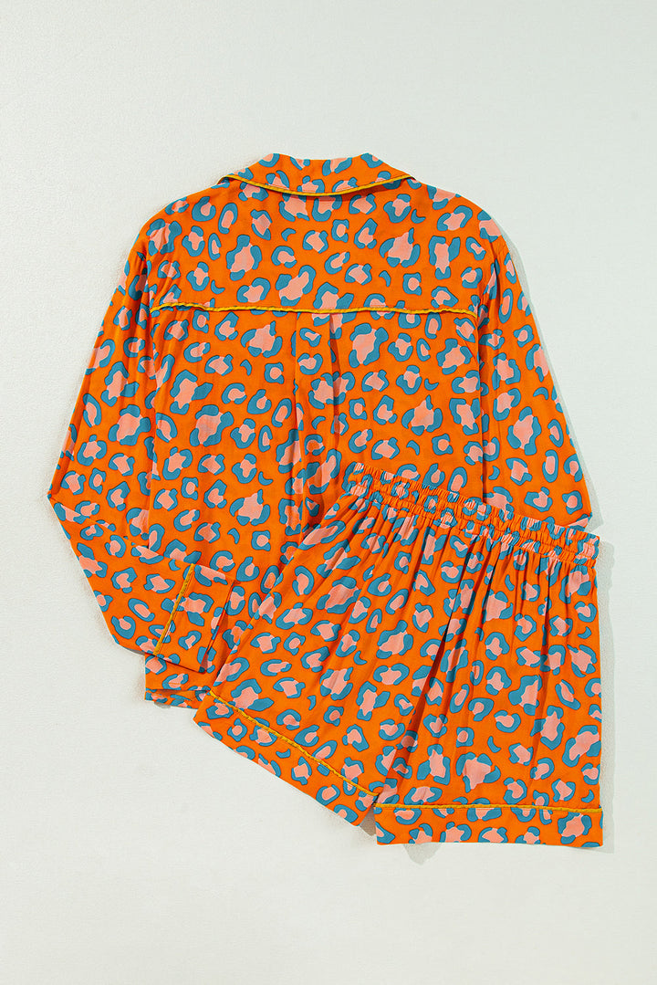 leopard print long sleeve shirt and shorts pajama set 1