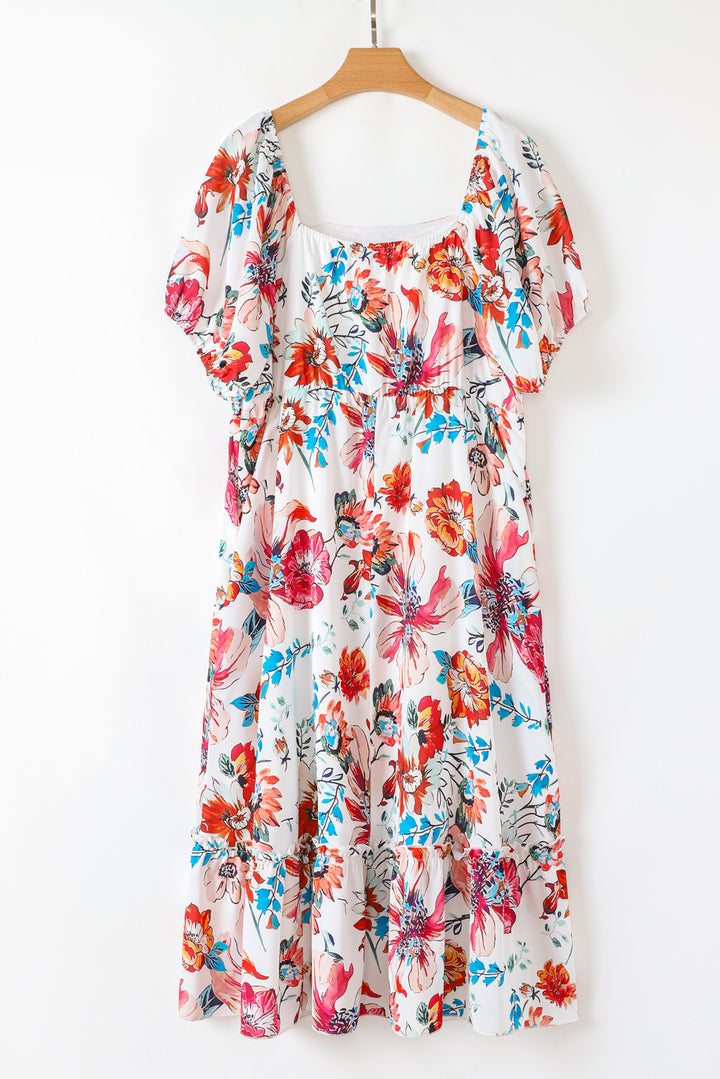 White Floral Square Neck Flowy Plus Size Midi Dress