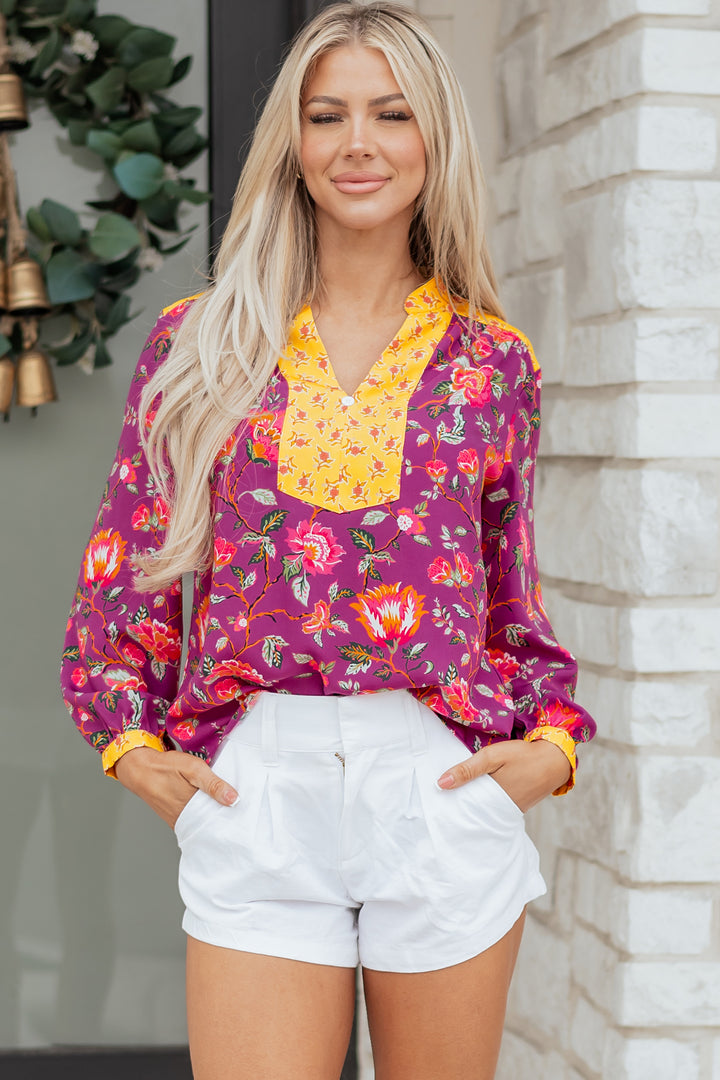 Contrast Placket Split V Neck Floral Blouse
