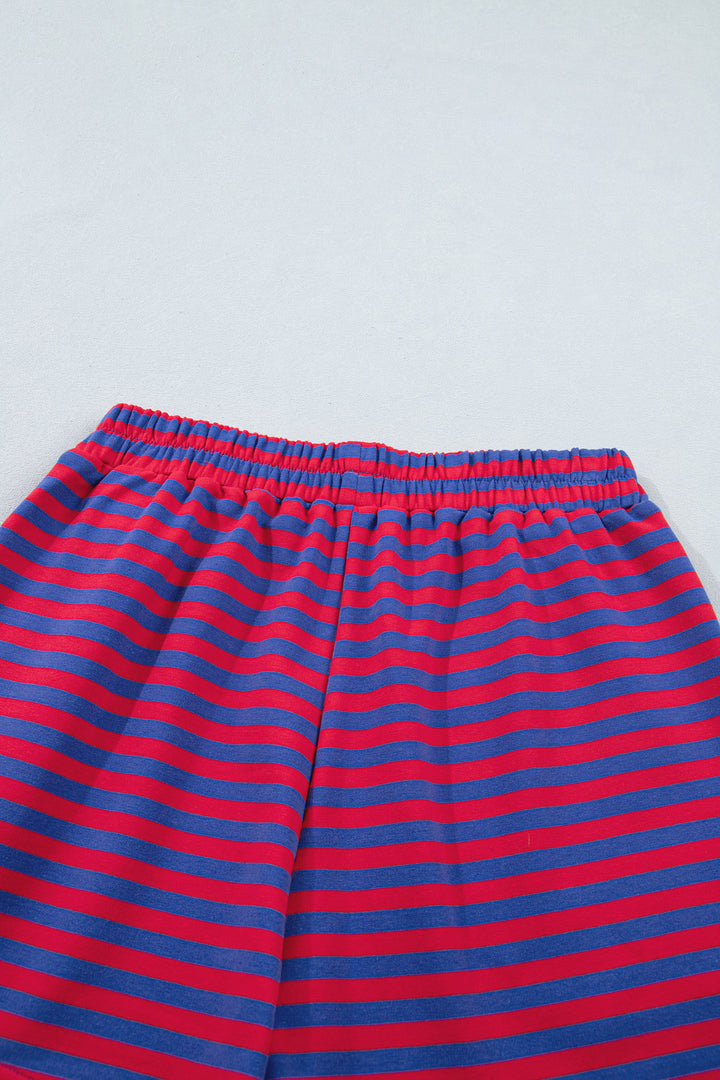 Navy Stripe Ribbed Cotton Two-Piece Short Set with Chest Patch Detail