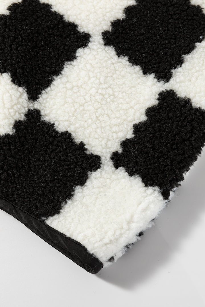 Black Checkered Sherpa Collared Jacket Vest