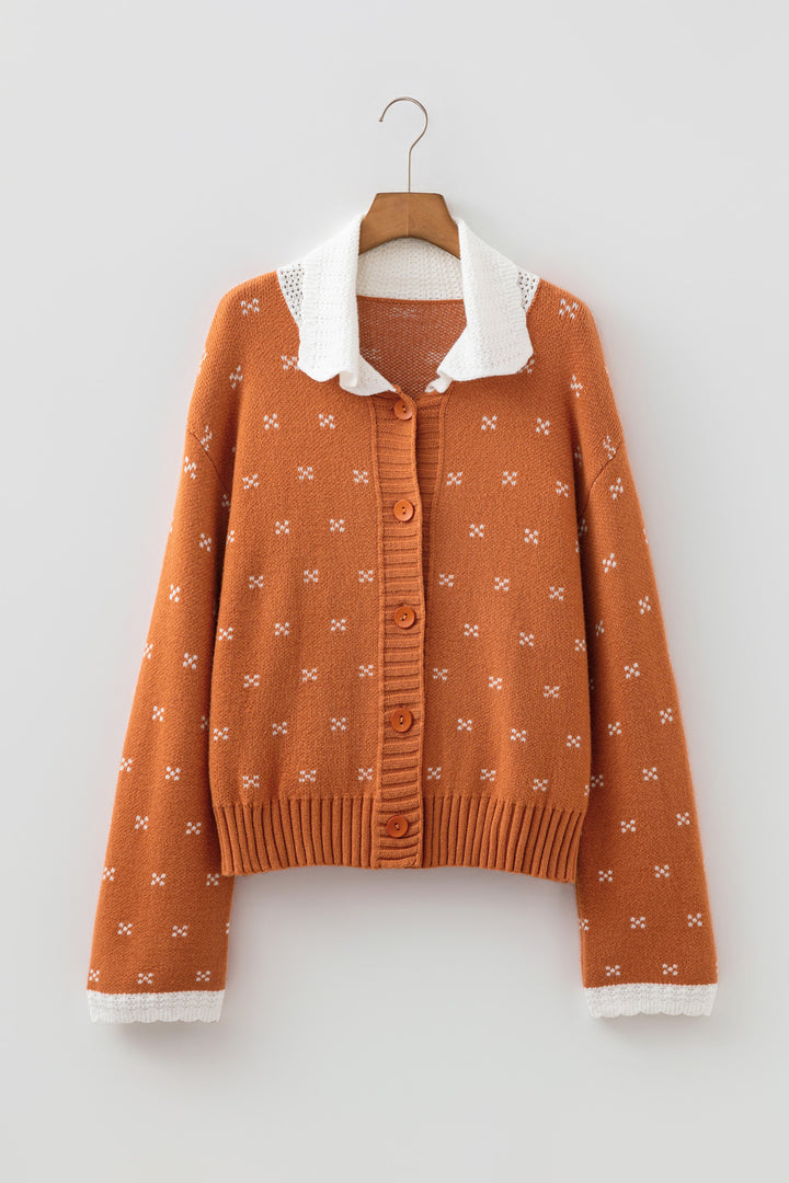 Orange Peter Pan Collar Colorblock Long Sleeve Knitwear Cardigan