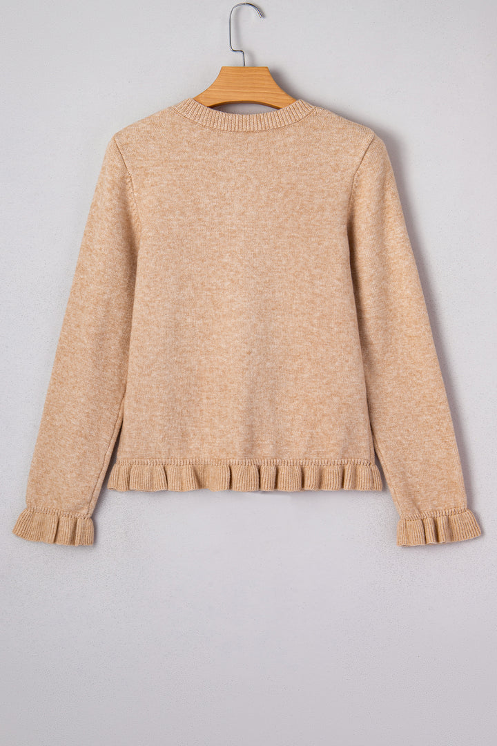 Ruffle Trim Gold Button Sweater Cardigan