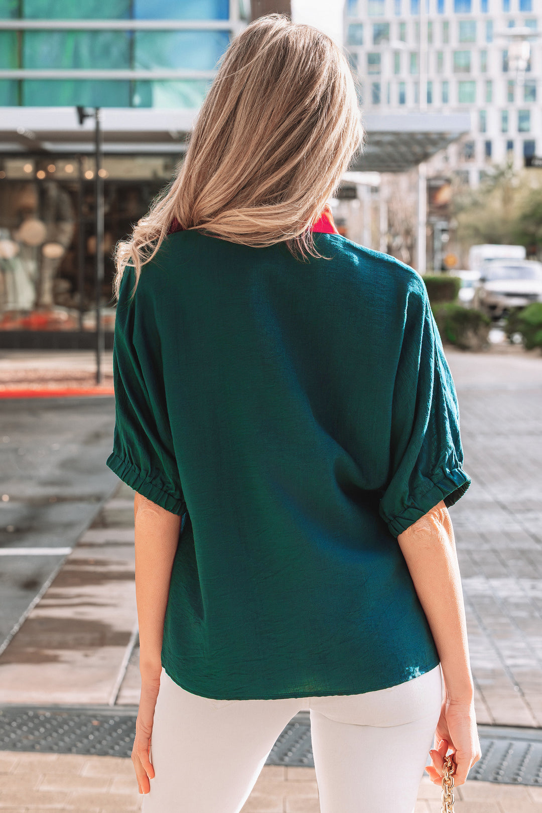 Contrast Plaid Patchwork V Neck Half Sleeve Blouse