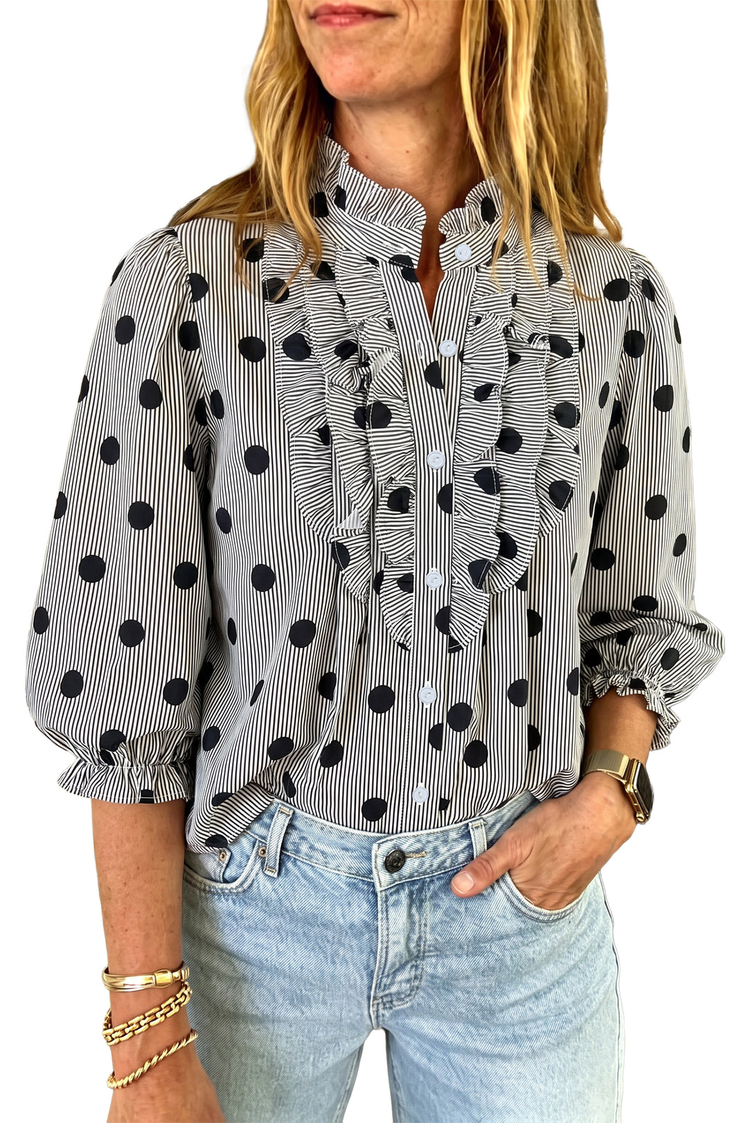 Black white Polka Dot Striped Print Ruffle Stand Neck Shift Shirt
