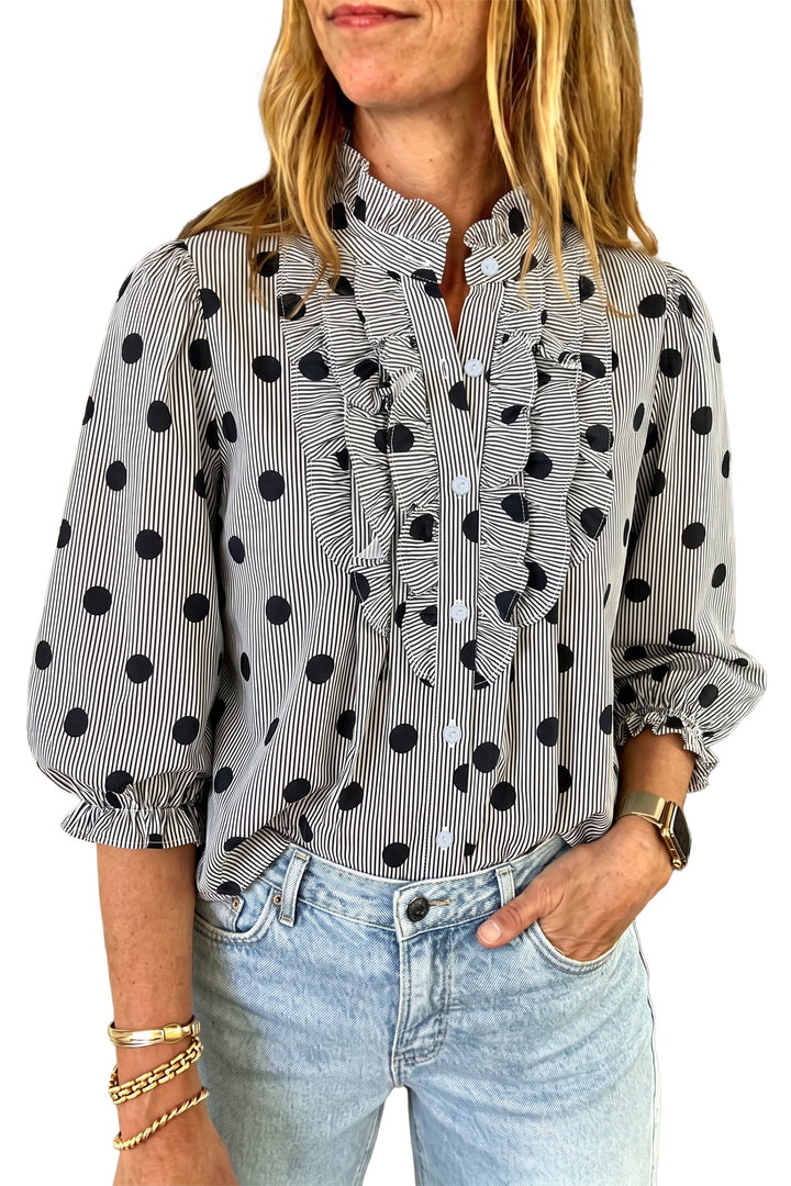 Black white Polka Dot Striped Print Ruffle Stand Neck Shift Shirt