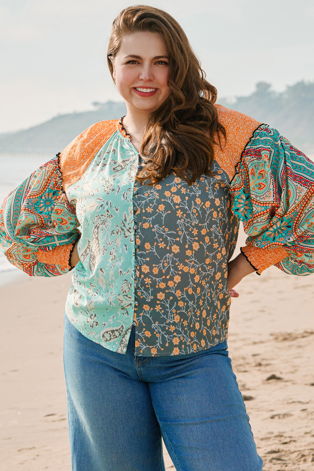 Floral Patchwork Lantern Sleeve Buttoned V Neck Plus Size Blouse