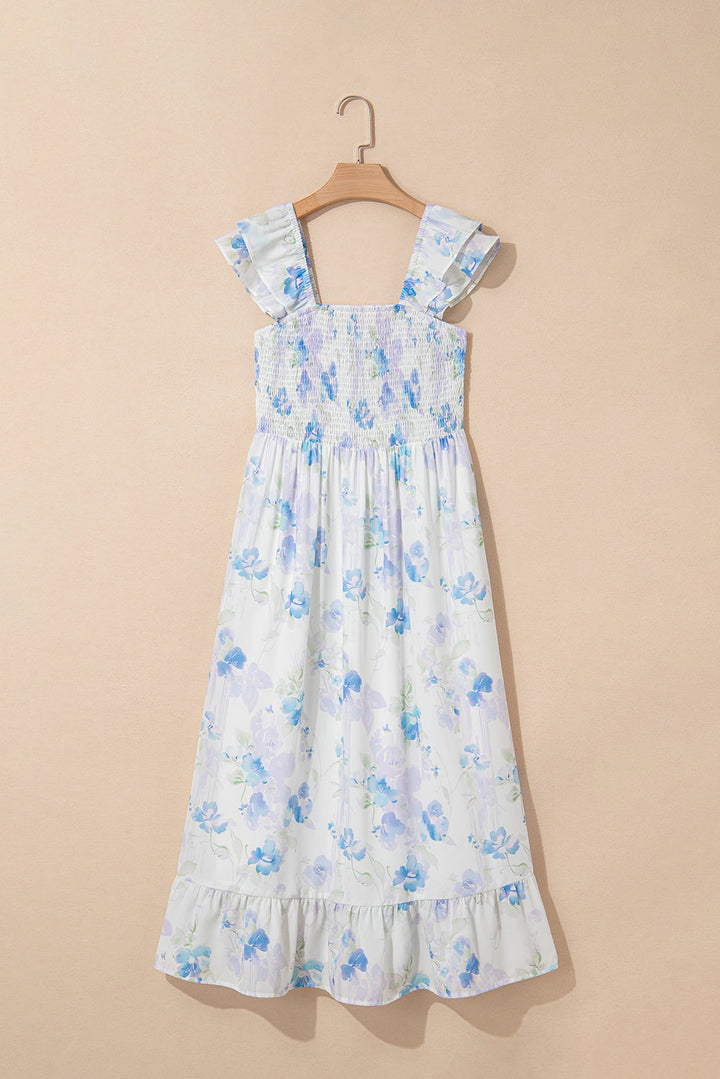 floral smocked high waist double ruffle sleeveless long dress