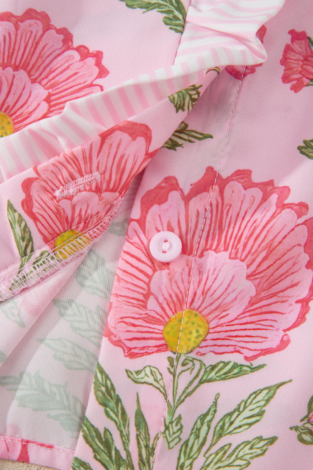 Pink Sweet Blooms Ruffle Striped Trim Puff Sleeve Shirt