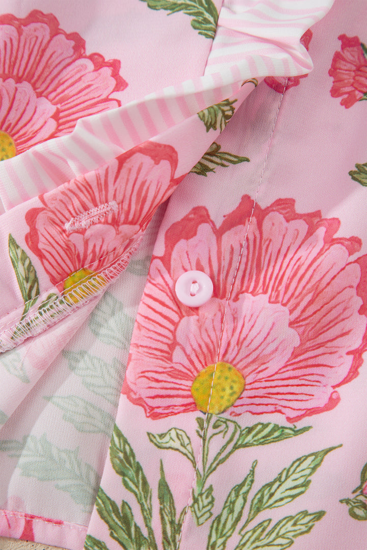 Pink Sweet Blooms Ruffle Striped Trim Puff Sleeve Shirt