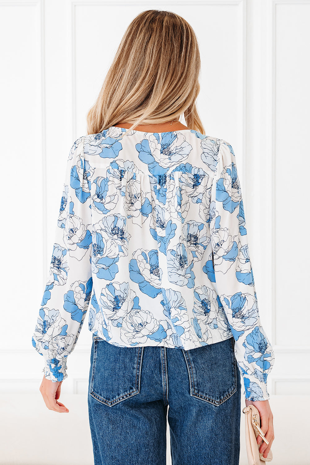 Floral Print Frilly Smocked Square Neck Long Sleeve Blouse