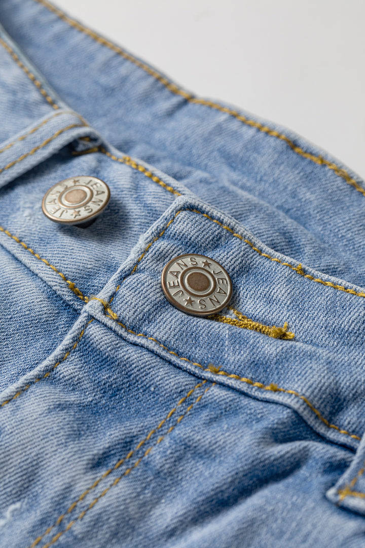 Beau Blue Asymmetric Raw Hem Distressed Whiskery Denim Shorts