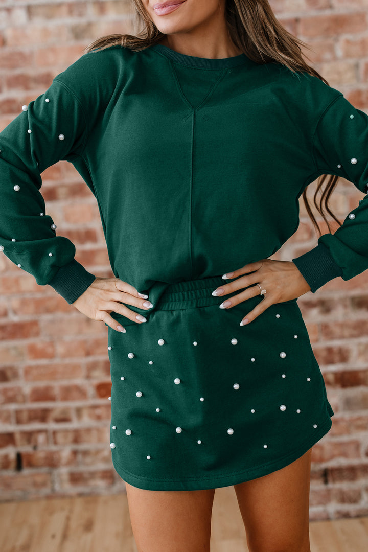 Dark Green Pearl Embellished Pullover Elastic Waist Mini Skirt Set