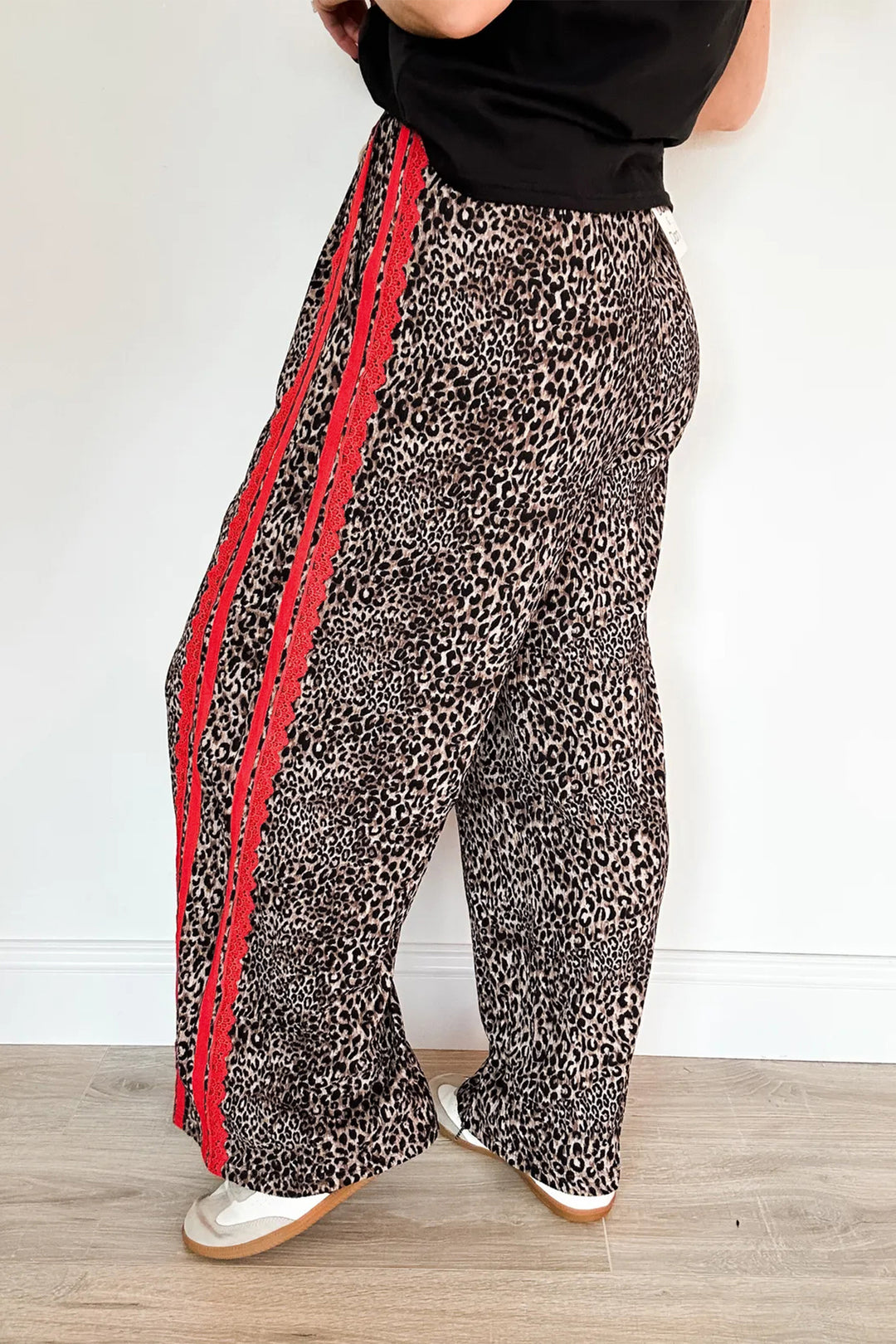 Brown Wild Leopard Print Contrast Lace Striped Detail Drawstring Pants