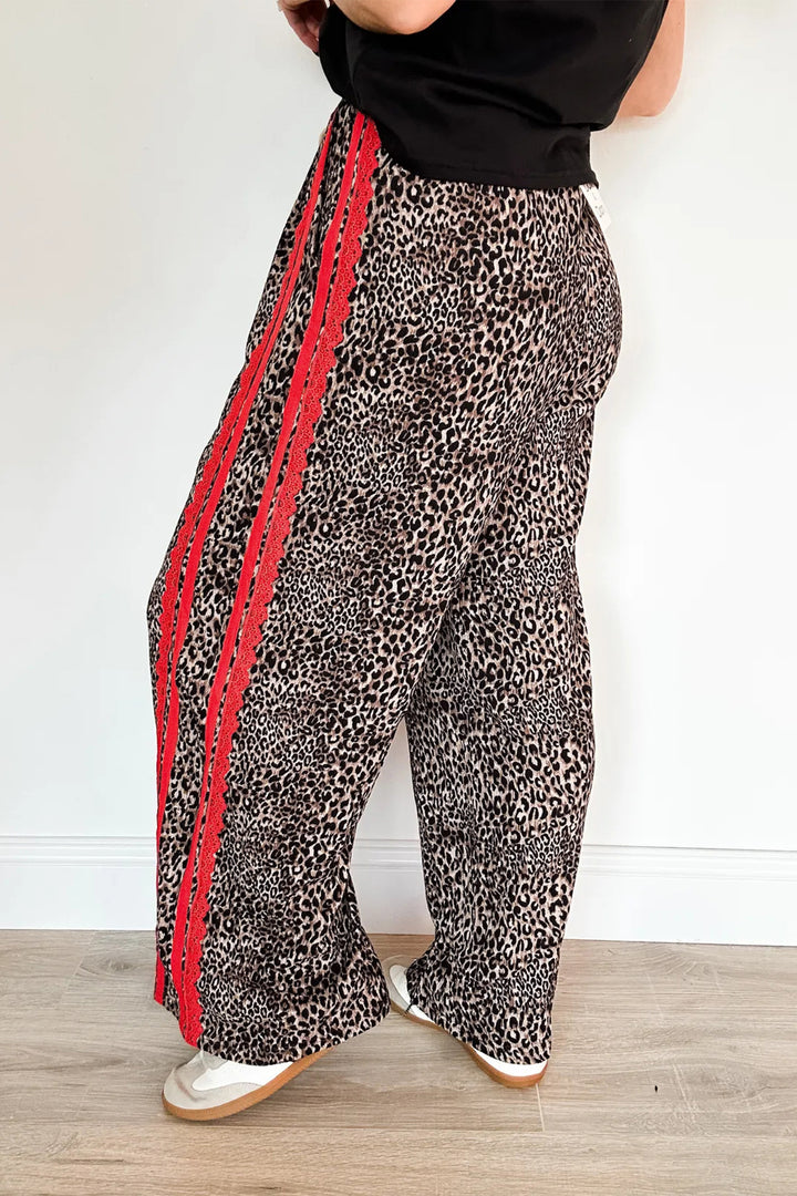 Brown Wild Leopard Print Contrast Lace Striped Detail Drawstring Pants