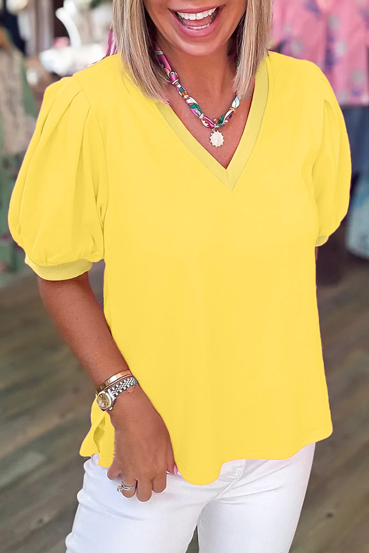 Yellow Solid Color V Neck Short Puff Sleeve Blouse