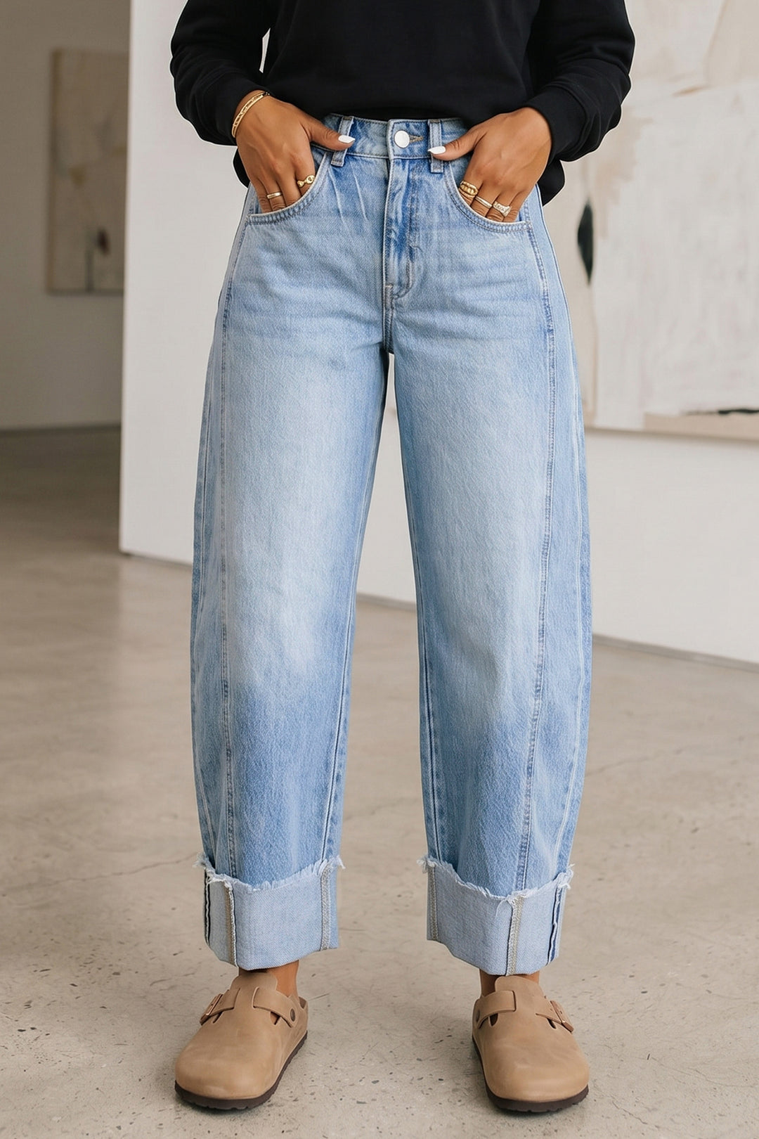Myosotis Raw Hem Turnup Loose Ankle-length Jeans