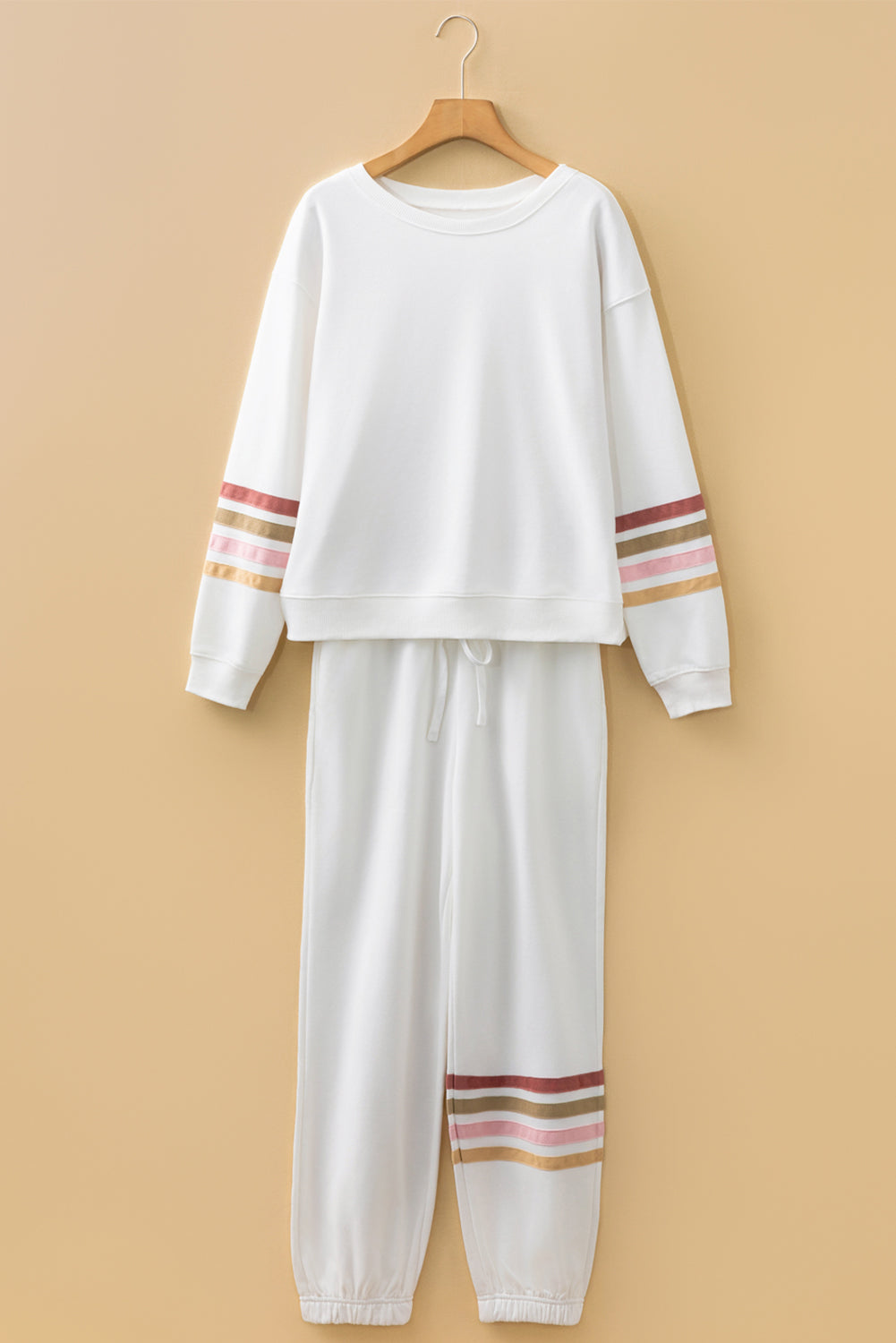 Beige Striped Round Neck Pullover and Jogger Pants Active Outfit