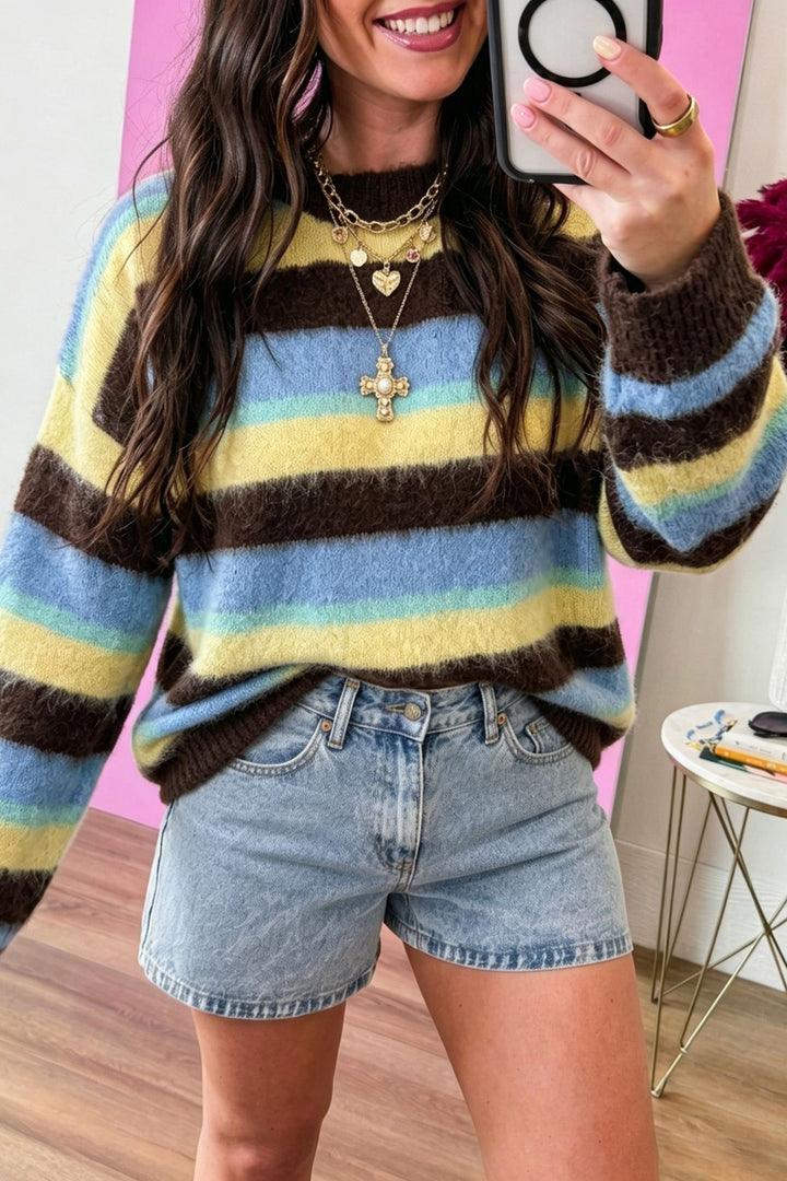 Multicolour Fuzzy Striped Knit Casual Shift Sweater