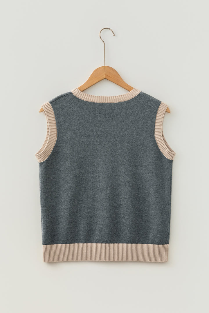 Gray Western Print Colorblock Trim Knitwear Vest