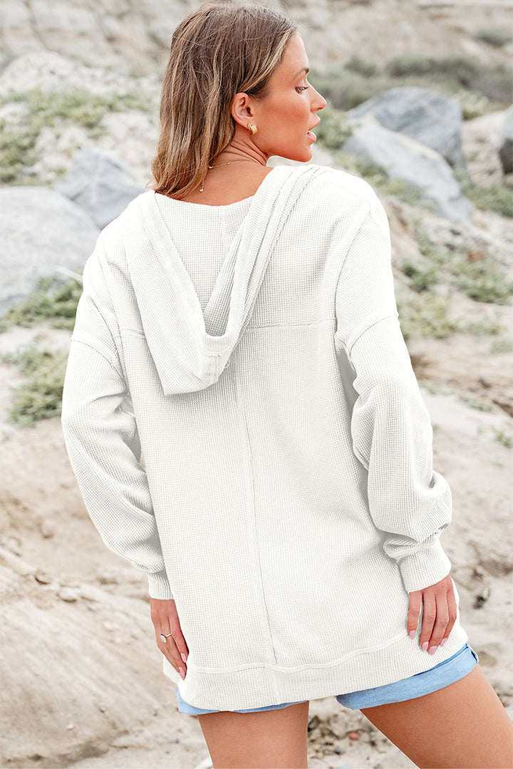 Oversize Waffle Drop Shoulder Exposed Seam V Neck Hoodie with Pockets