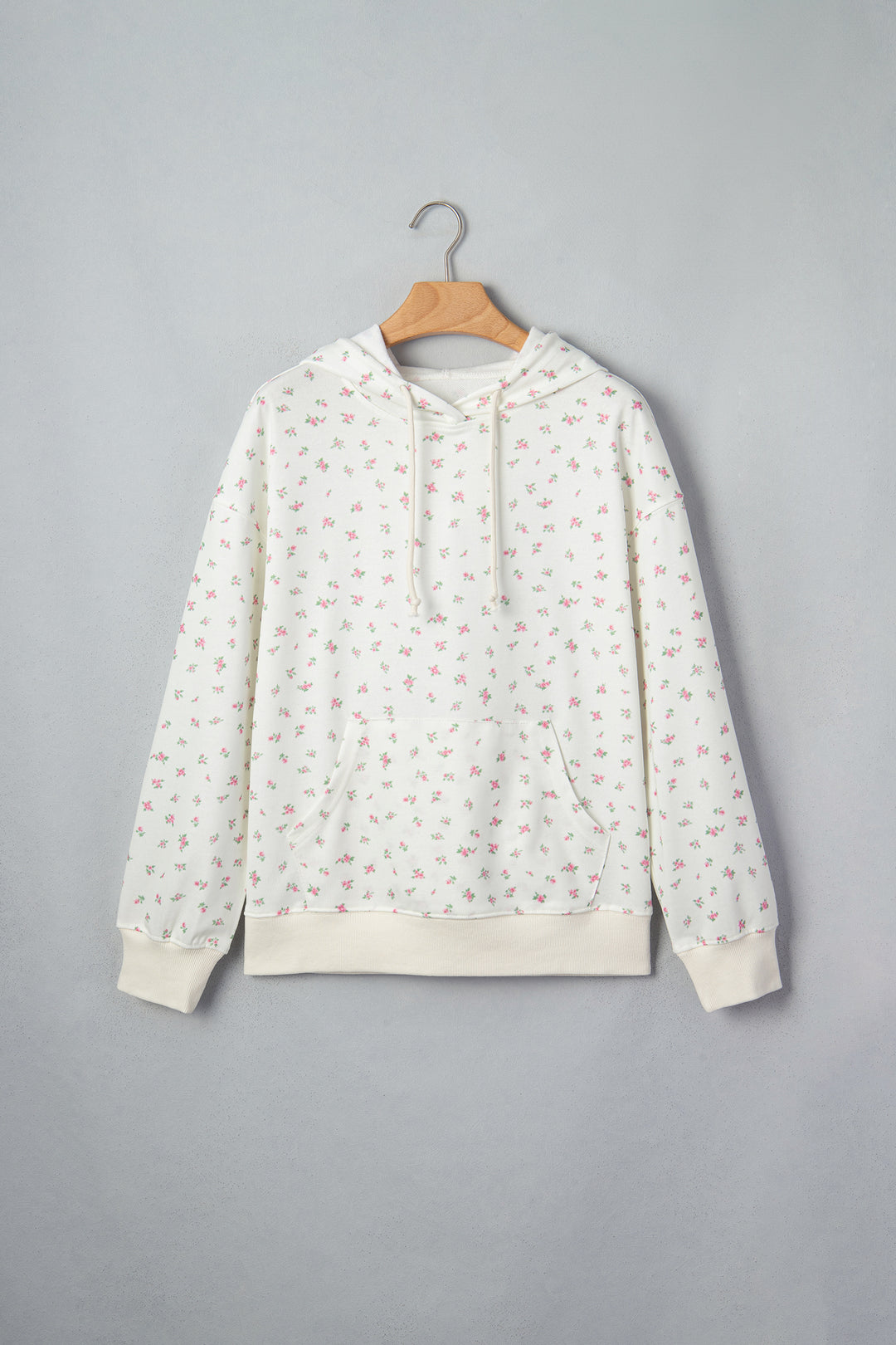 White Floral Print Ribbing Drawstring Hem Long Sleeve Hoodie