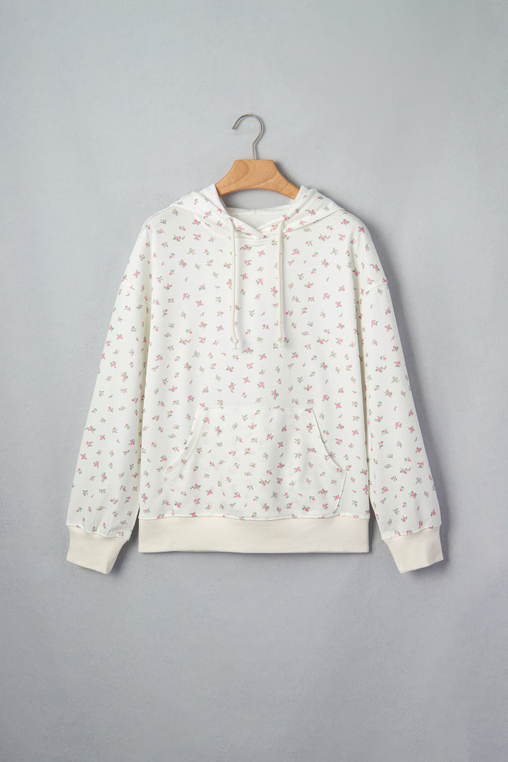 White Floral Print Ribbing Drawstring Hem Long Sleeve Hoodie