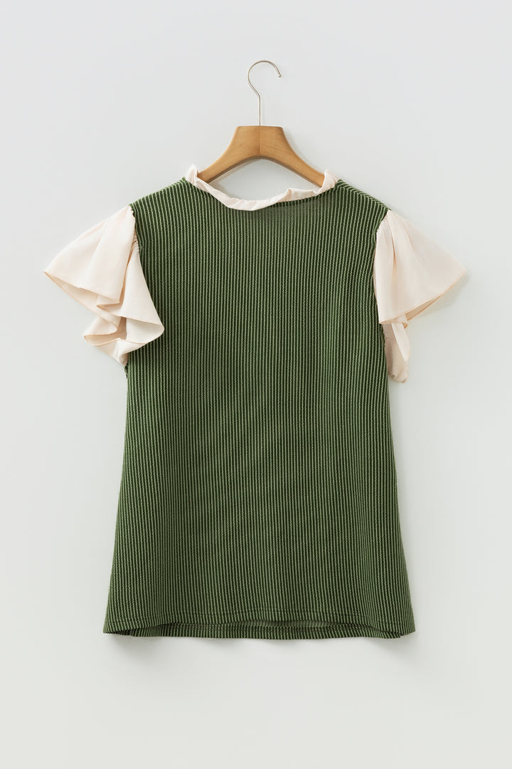 Vineyard Green Plus Size Contrast Frilled Neckline Ruffled Short Sleeve Ribbed Textured Blouse