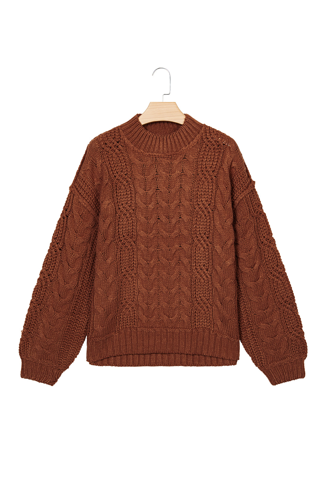Coffee Solid Color Cable Knit High Neck Loose Pullover Sweater
