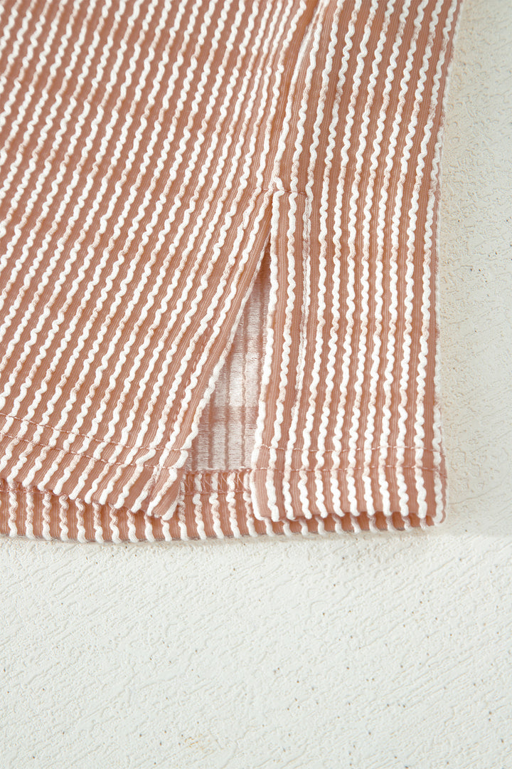 Khaki Stripe Raised Rib Loose Tee Drawstring Elastic Waist 2pcs Short Set