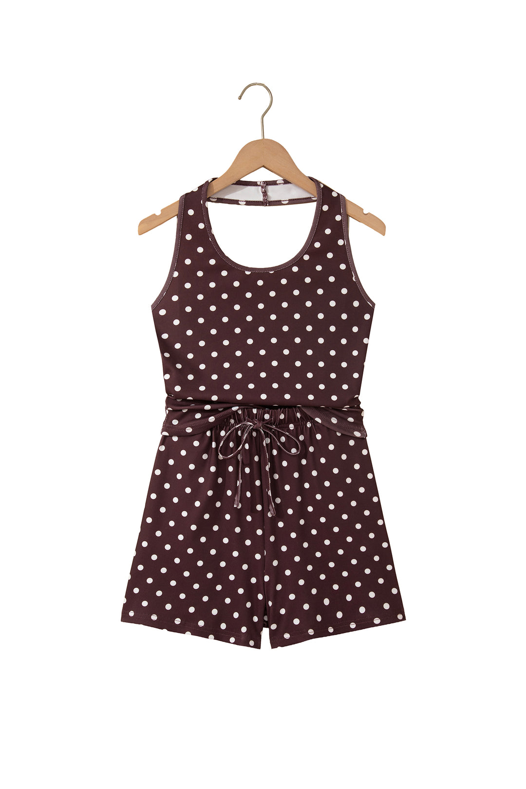 Brown Polka Dot Halter Tank Drawstring Elastic Waist Short Set
