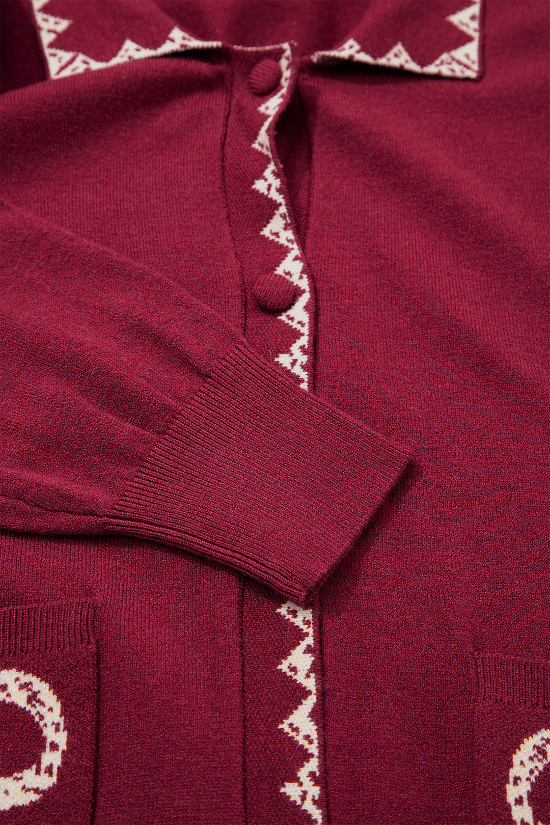 Burgundy Bow Pocket Collar Long Sleeve Knit Cardigan