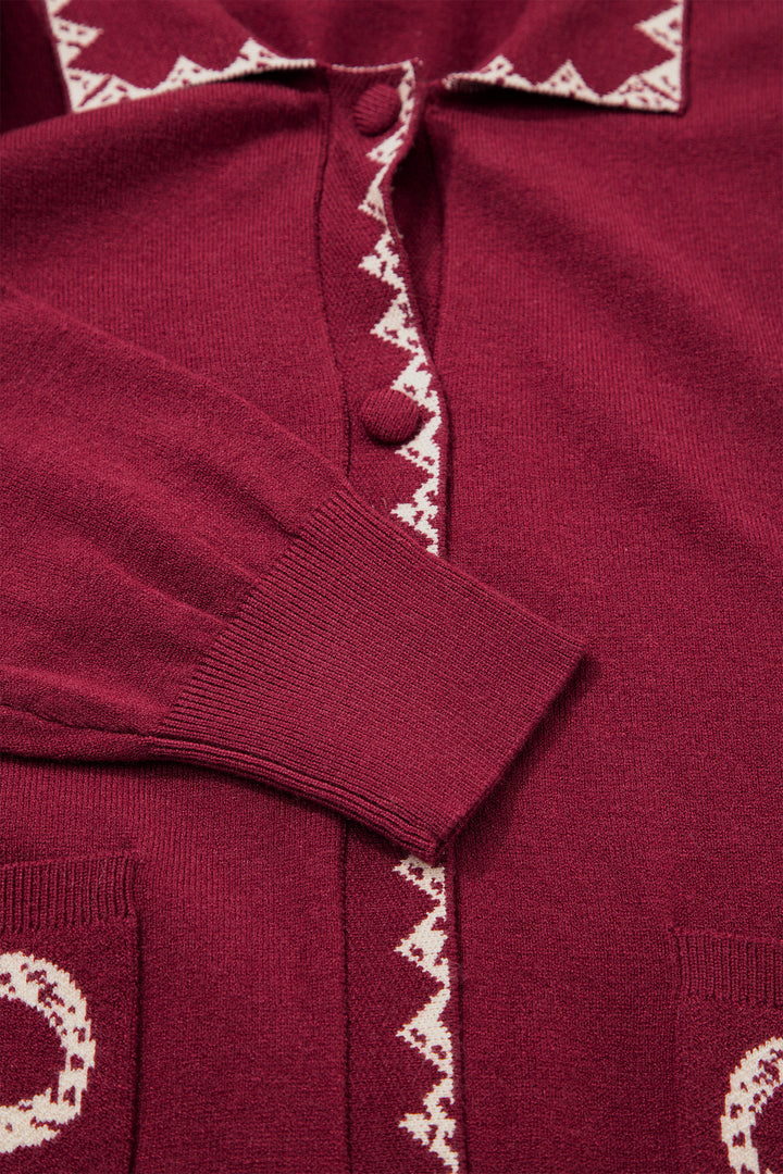 Burgundy Bow Pocket Collar Long Sleeve Knit Cardigan