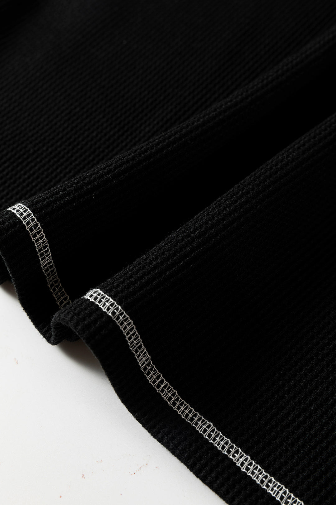 Black Waffle Textured Contrast Trim V Neck Tee