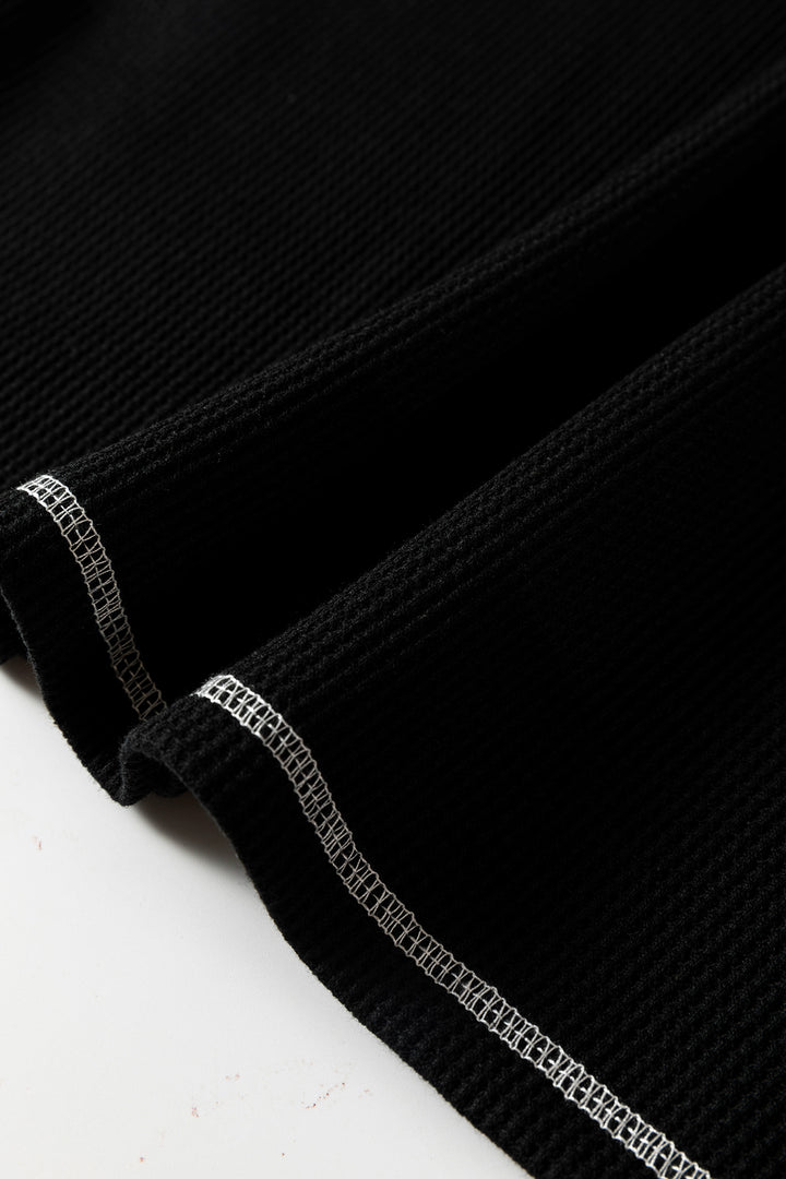 Black Waffle Textured Contrast Trim V Neck Tee