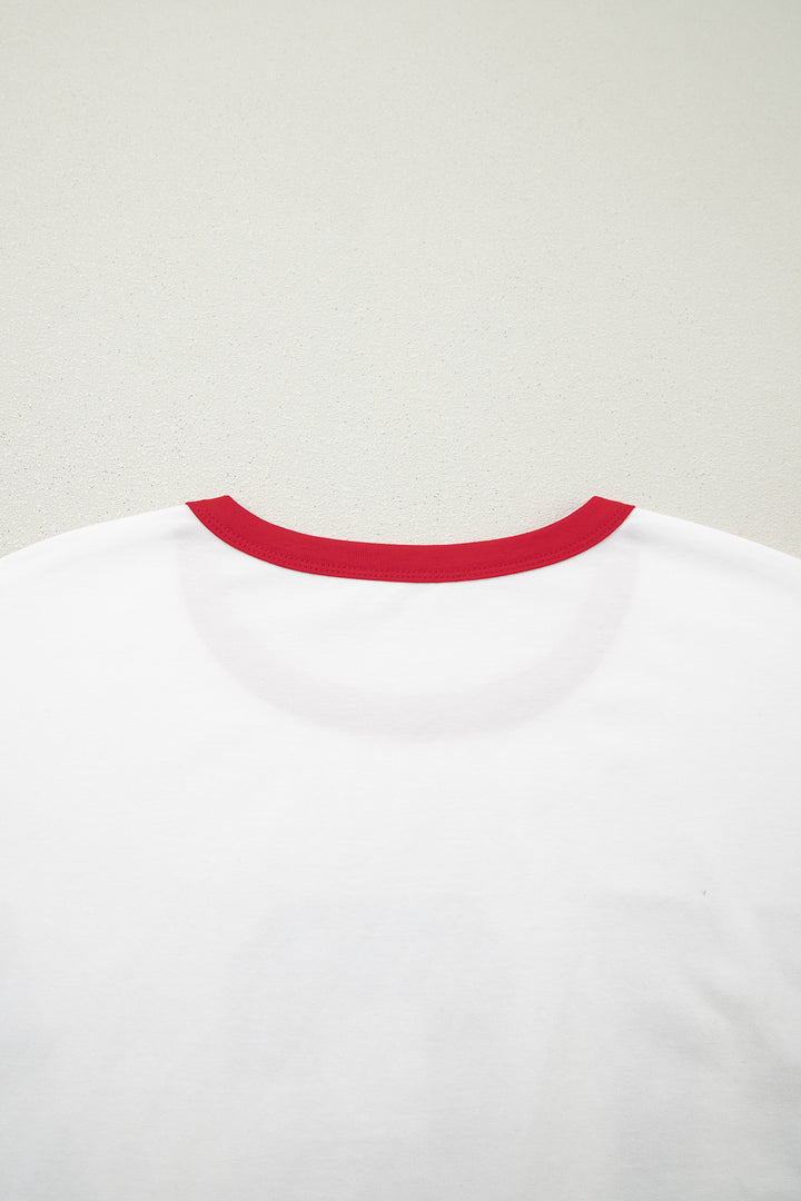 White USA Letter Printed Varsity Striped Sleeve Round Neck Tee