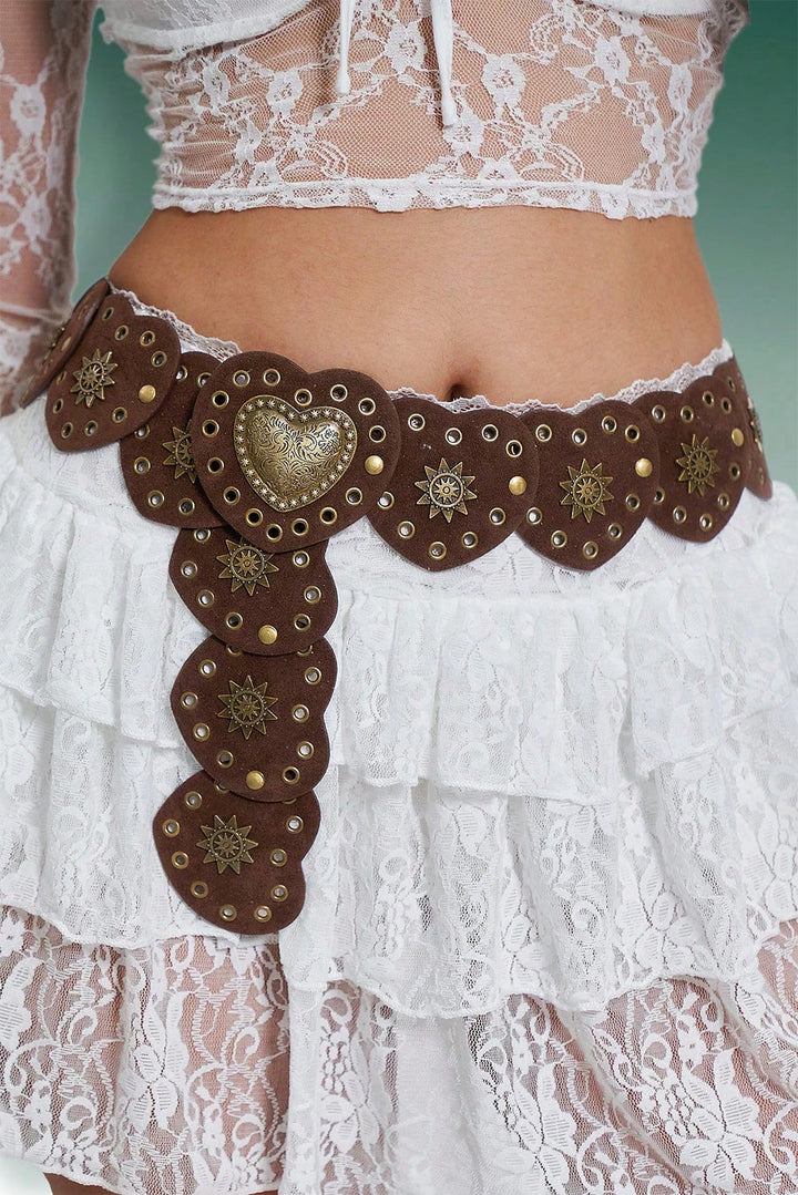 Ceinture bohème vintage en PU avec détails en bronze et cœur connecté