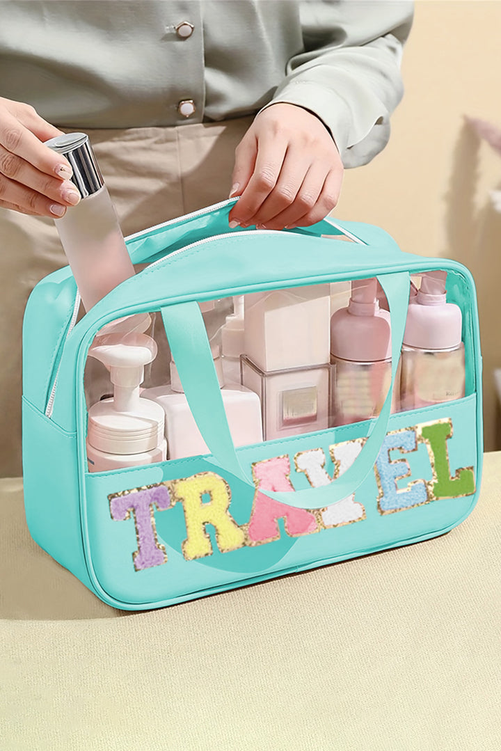 Trousse de maquillage TRAVEL en PVC transparent avec lettres en chenille