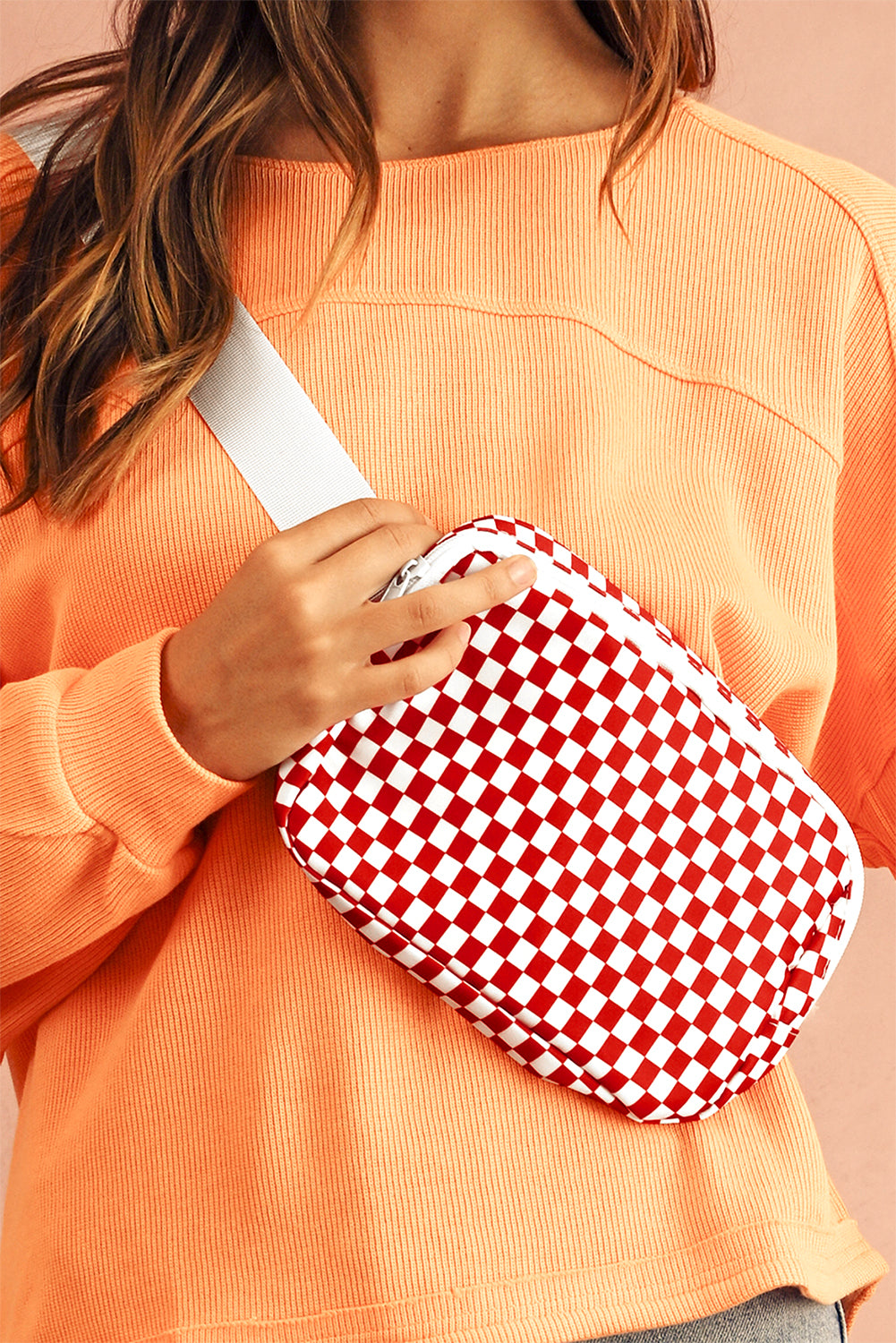 Checkered Print Zipped Buckle Strap Crossbody Bag