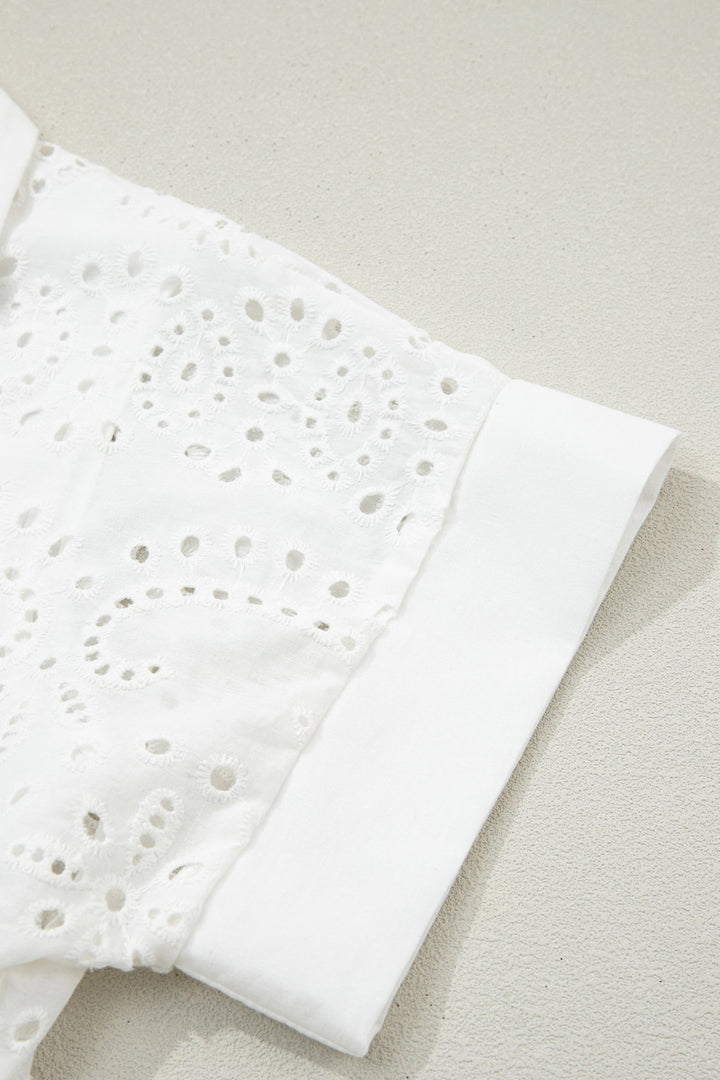 White Solid Color Eyelet Embroidered T Shirt Mini Dress