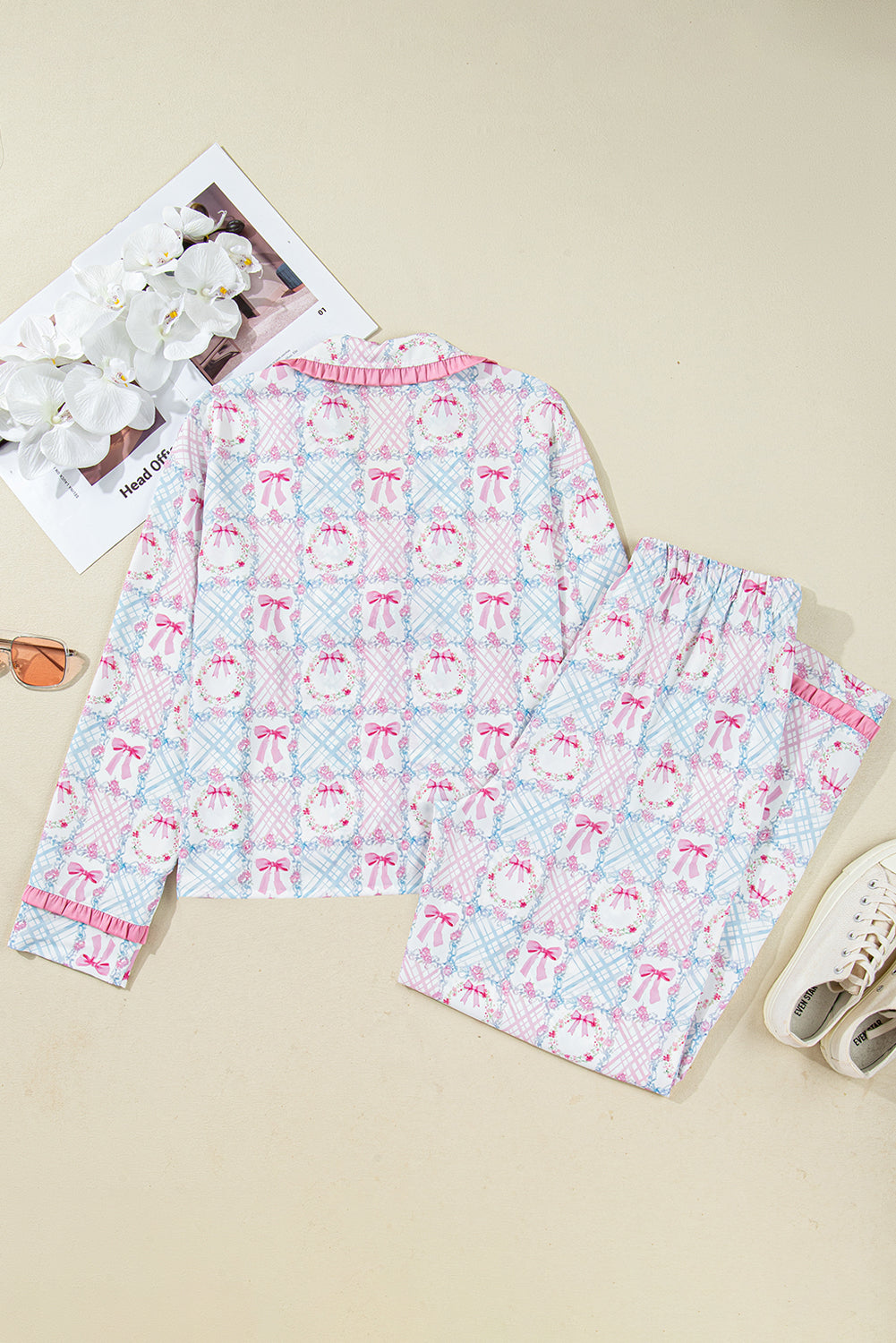 Pink Bow Wreath Pattern Christmas Holiday Tied Front Long Sleeve 2pcs Pajama Set