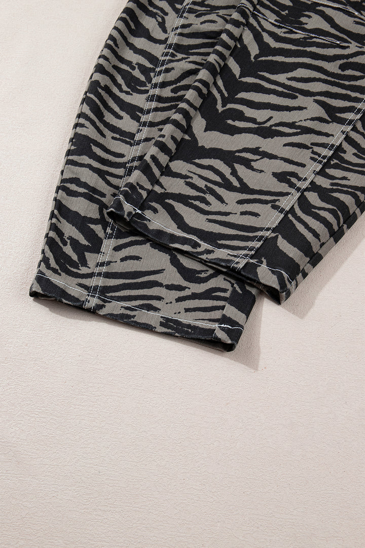 Gray Zebra Stripe Printed Wide Leg Barrel Jeans
