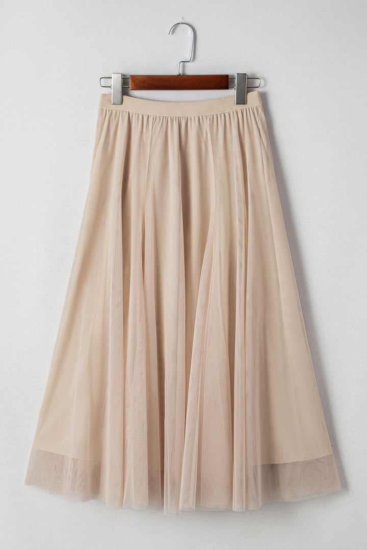 Apricot Tulle Mesh Overlay Flared Midi Skirt